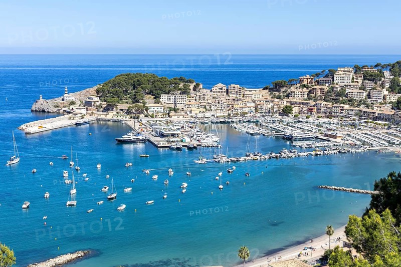 Port de Soller in Majorca from above Seaside Beach Marina with boats Trip in Spain