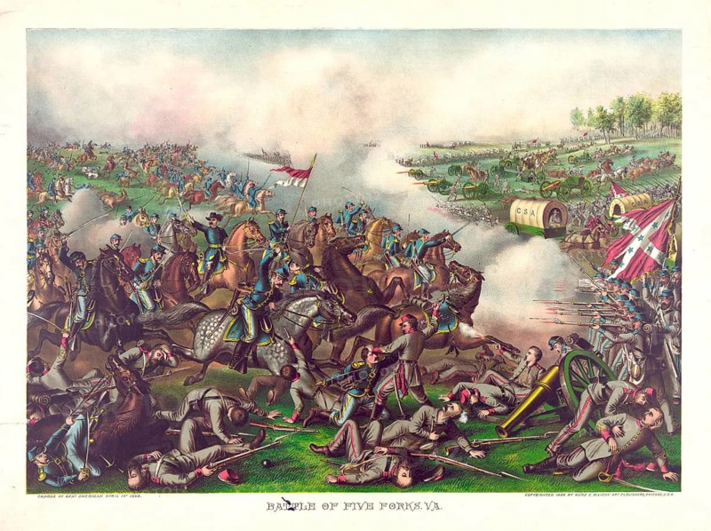 Colour lithograph of the Battle of Five Forks, Va., dated 1886, depicting the decisive victory of the Union forces under General Philip Sheridan on 1 April 1865. The Battle of Five Forks took place on 1 April 1865 near Petersburg, Virginia. The victory of the Northern States (the Union) under General Philip Sheridan broke through the Confederate defensive line and led directly to the evacuation of Petersburg and Richmond. American history, an authentic, digitally restored reproduction of a 19th-century original, exact date of the depiction unknown, historical