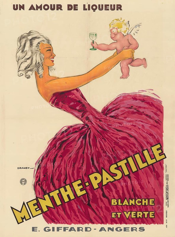 Advertising poster, beverage advertisement, vintage French poster by Dransy from 1931 for menthe pasta liqueur by E. Giffard. The artwork promotes mint liquor developed by a pharmacist in Angers, France, authentic reproduction of a historical advertising poster, advertising sign, in high resolution, historical