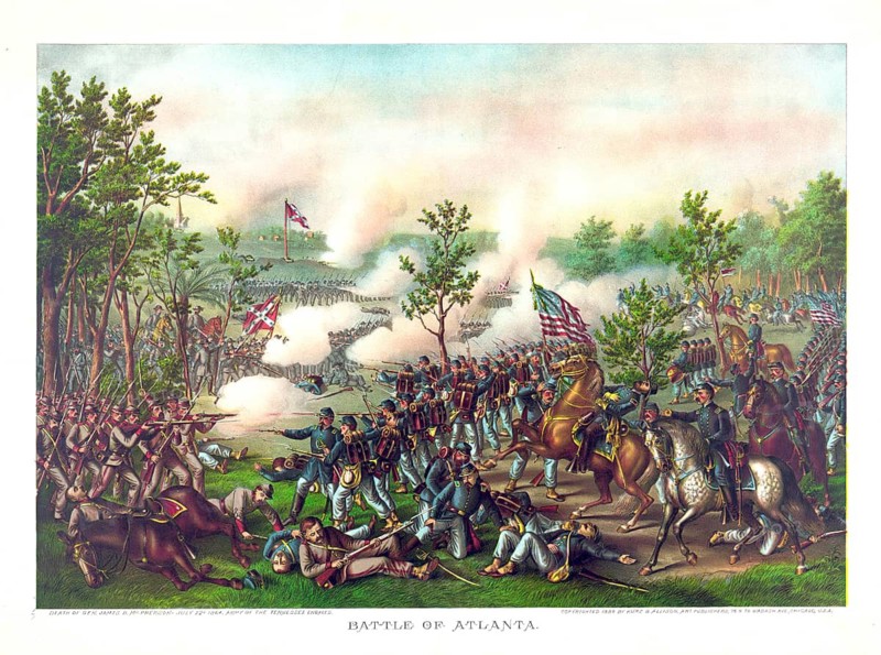 A chromolithograph of the Battle of Atlanta from 1888, published by the US firm Kurz & Allison, depicting a battle scene from the American Civil War. The actual Battle of Atlanta took place on 22 July 1864 during the Civil War. The print depicts the fierce close-quarters combat between Union soldiers (the Northern states in blue, carrying US flags) and Confederate troops (the Southern states in grey/red, carrying battle flags), as well as the death of General James B. McPherson, American history, authentic, digitally restored reproduction of a 19th-century original, exact date of the depiction unknown, historical