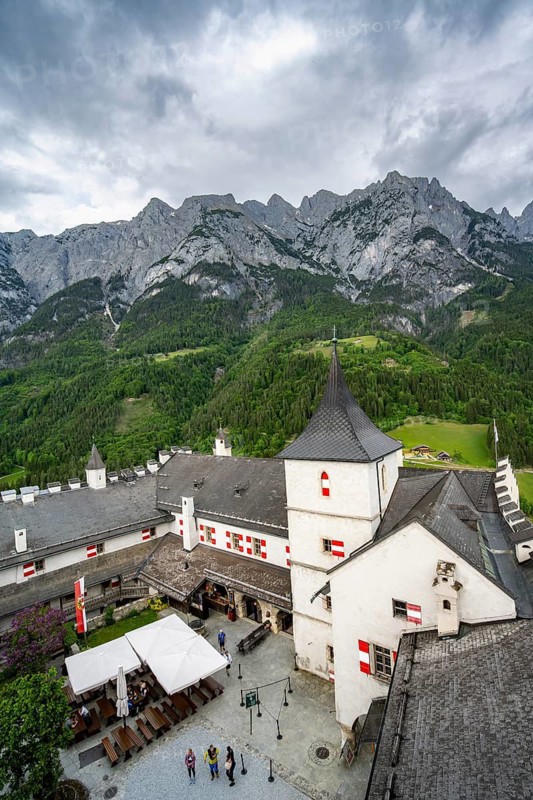 Castle with courtyard, mountain peaks of the Tennengebirge Mountains at the back, Hohenwerfen Fortress, Pongau, Salzburg state, Austria
