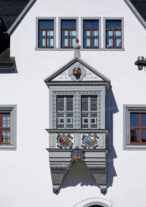 Historic bay window, Freiberger Obermarkt, Silberweg, ore mining, silver mining, Margrave Otto the Reiche, Wettiner, Freiberg, Saxony, Germany