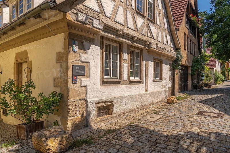 Holdergassen, former vineyard quarter, typical vineyard house, picturesque little alleys, 18th century, historic old town of Marbach am Neckar, half-timbered houses, wine vines, winegrowing, wine tradition, vineyard houses, narrow alleys, historic buildings, cobblestones, medieval town, city history, local history, historic architecture, old town quarter, half-timbered architecture, gabled house, Baden-Württemberg, Germany