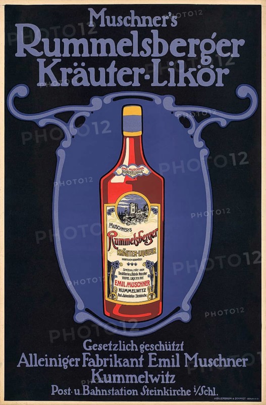 Advertising poster, beverage advertisement, advertising poster shows Muschner's Rummelsberger herbal liqueur, a product from sole manufacturer Emil Muschner from Kummelwitz. The Art Nouveau design uses floral frame structures, deep shades of blue and a prominent placement of the detailed product bottle in the center to underline the exclusivity of the protected product, 1900, authentic reproduction of a historical advertising poster, advertising sign, in high resolution, historic