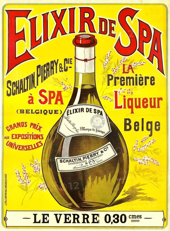Advertising poster, beverage advertisement, poster showing the Belgian herbal liqueur Elixir de Spa. This liqueur was originally produced from 1858 by the Schaltin, Pierry & Cie distillery in Spa. The drink was developed by Capuchin monks in the 17th century and contains over 40 different herbs and plants, 1907, authentic reproduction of a historical advertising poster, advertising sign, in high resolution