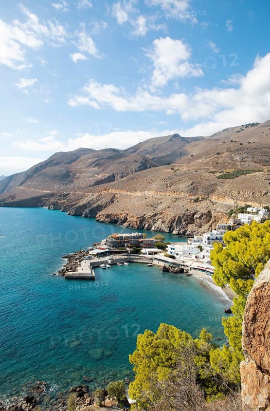 View of Chóra Sfakion on the Libyan Sea, with the Leka Ori or White Mountains in the back, Sfakia Municipality, Chania Regional Unit, Crete, Greece