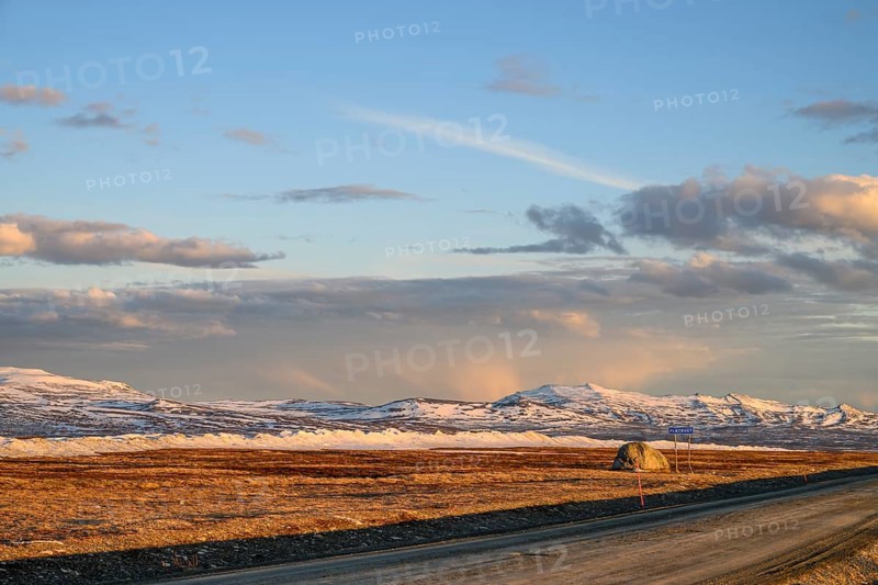 Storsjö Kapell, Jämtlands län, Sweden, mountains and snow-covered plains under clear sky with a lonely road in the foreground, Flatruet, Berg, Härjedalen Län, Sweden
