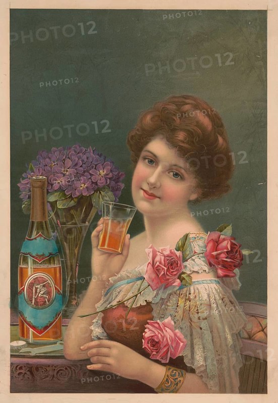Advertising poster, beverage advertisement, advertising poster for Red Rock Ginger Ale from 1910. A young woman in Victorian style with reddish-brown hair stuck up looks at the viewer with a smile. She is wearing a white lace dress decorated with large pink roses on the shoulders, authentic reproduction of a historical advertising poster, advertising sign, in high resolution, historical