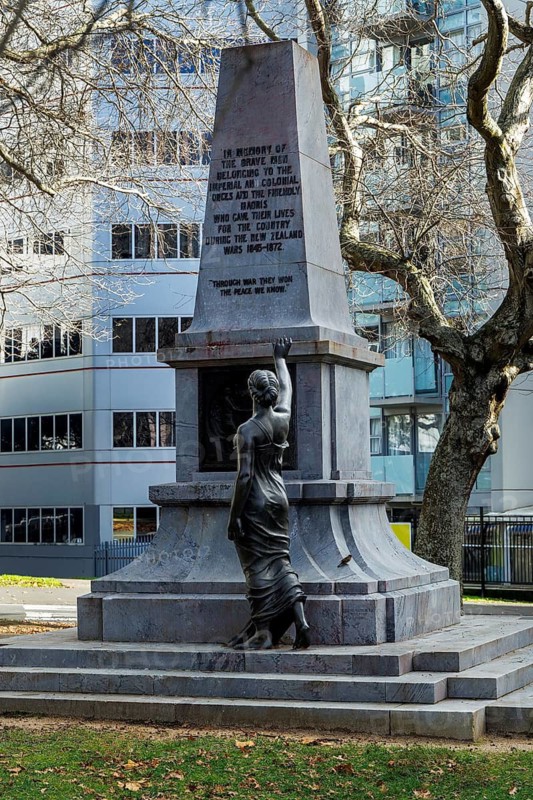 New Zealand Wars Memorial obelisk with bronze female figure, Myers Park, Auckland city centre, Auckland, New Zealand