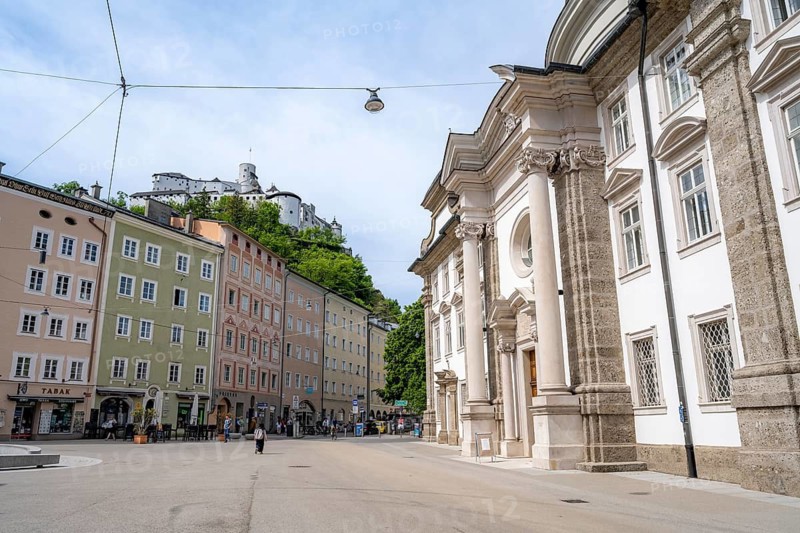 Kajetanerplatz with Kajetanerkirche, behind Hohensalzburg Fortress, Old Town, Salzburg, Austria