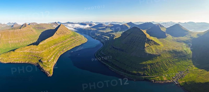 Panoramic view of Funningsfjørður near Funningur on Eysturoy island, fjord with steep mountains, Faroe Islands, Denmark