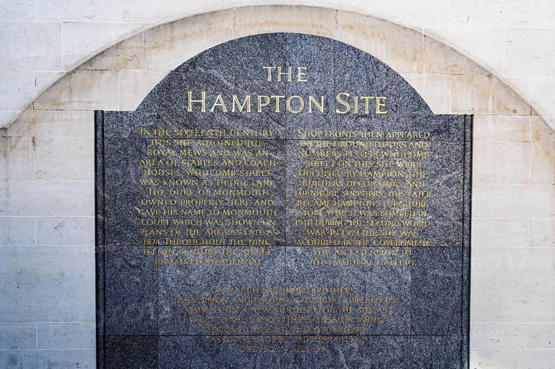 The Hampton Site plaque records the history of a former furniture store site near Trafalgar Square, London, England, United Kingdom