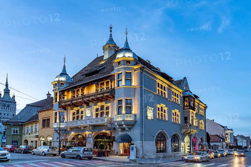 The Heritage Boutique Hotel at Dusk, Sighisoara or Sighi?oara, Transylvania, Romania