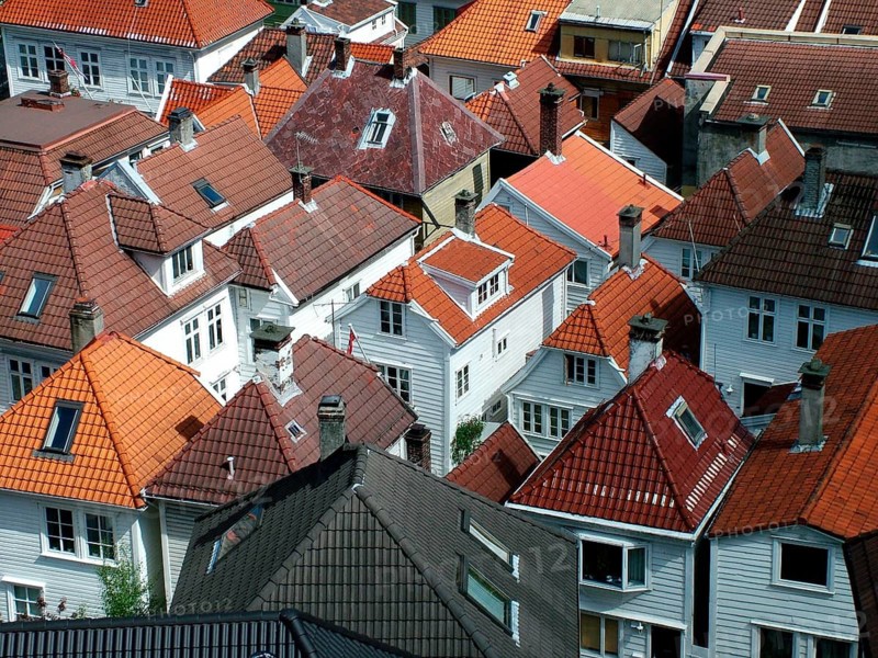 Geography, travel, Norway, old town, over the rooftops, mountains. Geography, Travel, Old Town, Bergen, Airphoto, Norway, NORWAY
