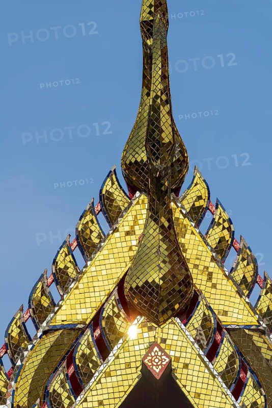 Chofas (distinctive features of Thai temple architecture), pointed roof ornaments, ubosot (ordination hall), Wat Pho, Bangkok, Thailand