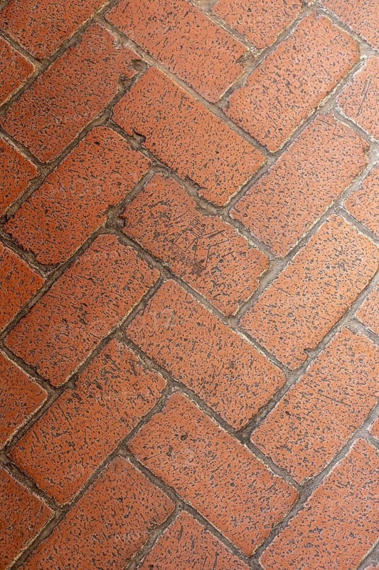 The flooring consists of a herringbone pattern made from red bricks, showing varying textures and subtle wear. The paving stones are arranged neatly, creating a visually appealing design. Sunlight casts a warm glow, enhancing the rich colors of the bricks while highlighting the details of the surface. This setting suggests a familiar outdoor space.