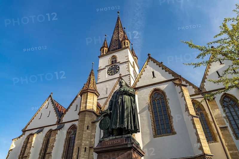 Bishop Teutsch Memorial and the Protestant Town Parish Church in Sibiu or Sibiu, Transylvania, Romania