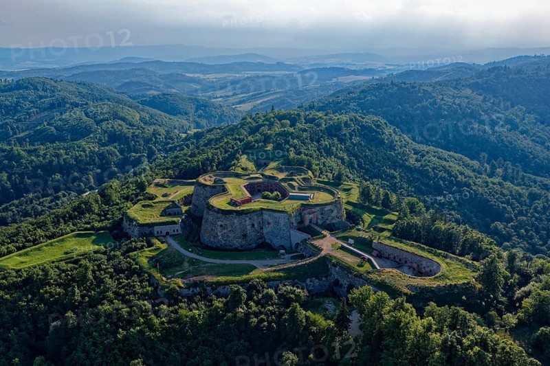 The Silberberg Fortress, Twierdza Srebrna Gora, is a mountain fortress from the 18th century. It is the largest fortress in Europe and is on the list of candidates for UNESCO World Heritage. aerial view. Srbrna Gora, Stoszowice, Peterwitz, Silesia, Poland