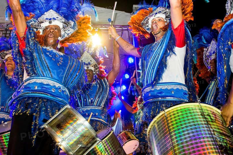 Brazilian samba band in the International Carnival Seychelles, in Victoria, Mahe, Republic of Seychelles, Indian Ocean