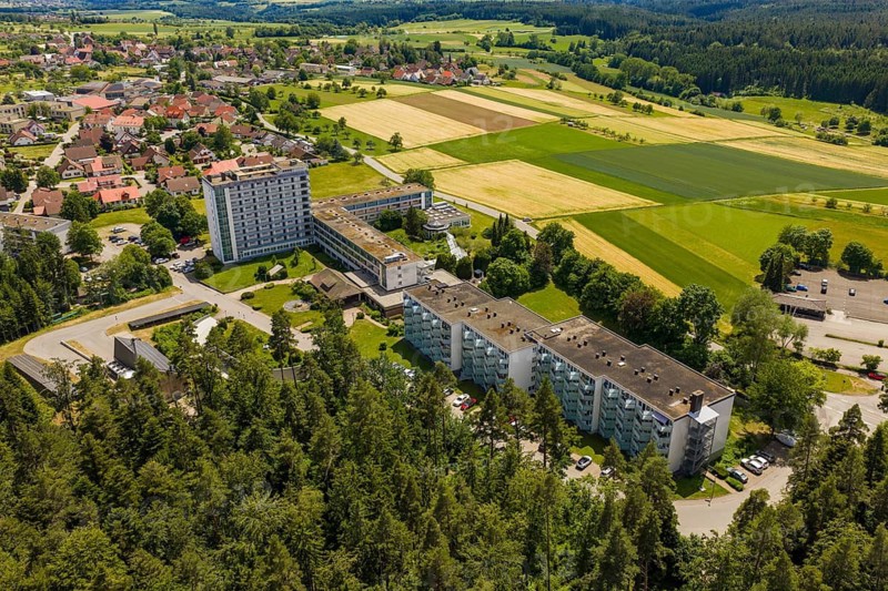 Residential building landscape with surrounding forests and vast fields, Wart, Altensteig, Germany