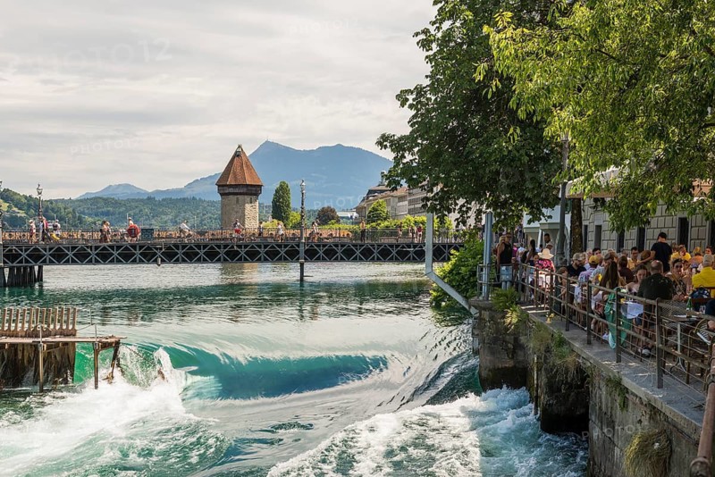 Restaurant on the Reuss, Chapel Bridge and Old Town, Lucerne, Lake Lucerne, Canton of Lucerne, Switzerland