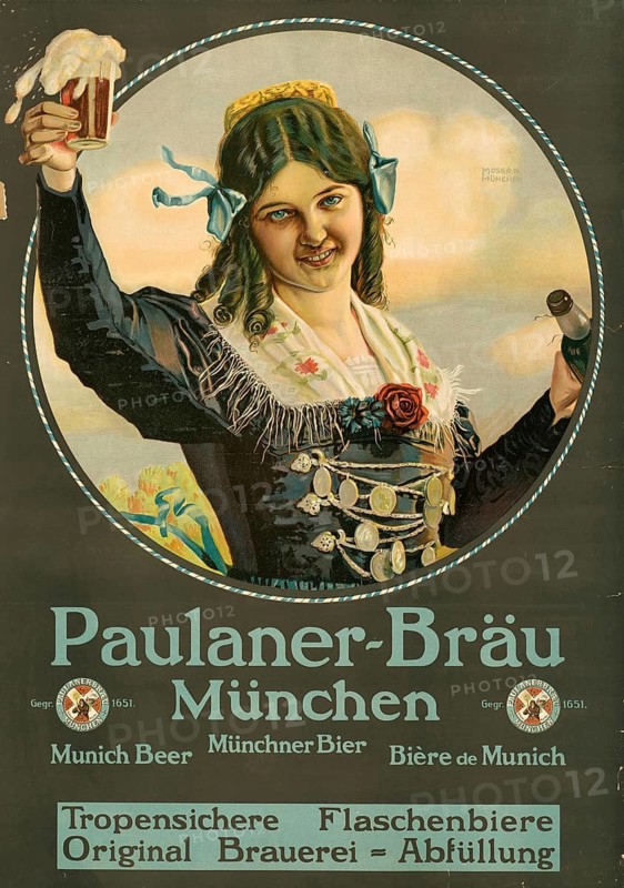 Advertising poster, beverage advertisement, advertising poster for Paulaner-Bräu Munich from around 1900, designed by Heinrich Moser. It shows a smiling woman in traditional clothing raising a jug of Paulaner beer. The poster promotes tropically safe bottled beers, which indicates export to warmer regions, authentic reproduction of a historical advertising poster, advertising sign, in high resolution, historical