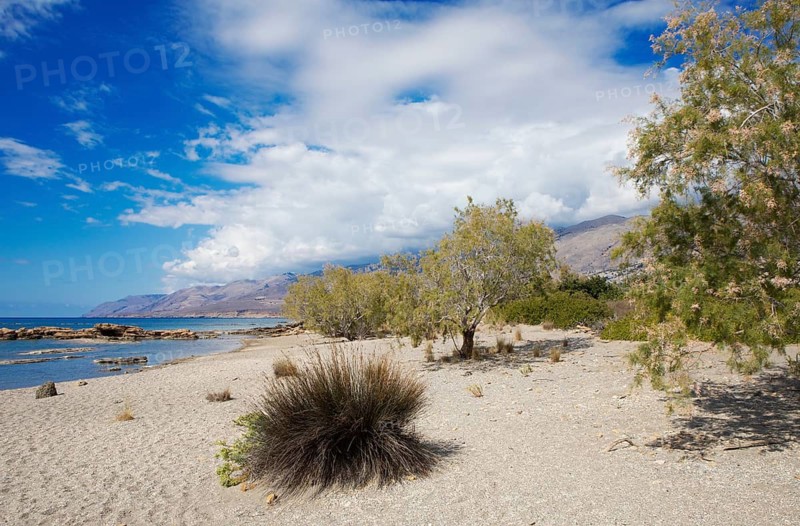 Beach in Frangokastello on the Libyan Sea, in the back the Leka Ori or White Mountains, Sfakia Municipality, Chania Regional District, Crete, Greece