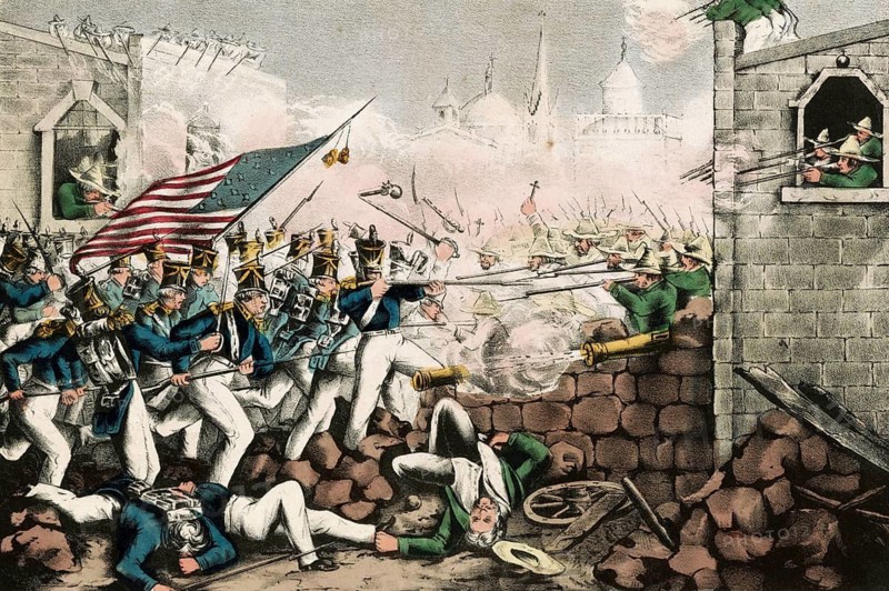 A lithograph depicting the Battle of Monterrey during the Mexican–American War on 23 September 1846. The image depicts the advance of American troops under General Zachary Taylor, fighting their way through the streets to the main square (Plaza Mayor) of the Mexican city of Monterrey, American history, authentic, digitally restored reproduction of a 19th-century original, exact date of the depiction unknown, historical