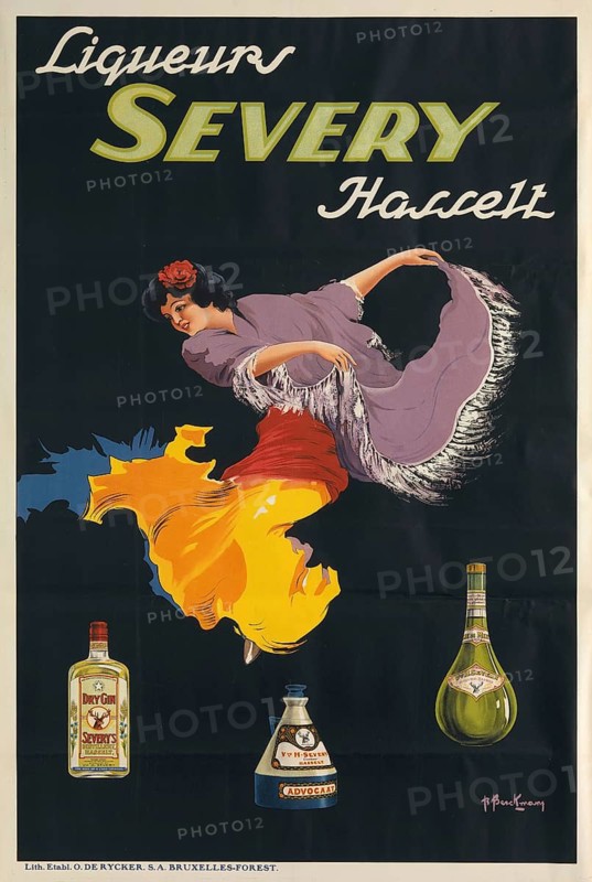 Advertising poster, beverage advertisement, poster by Roger Berckmans for Liqueurs Severy Hassel from the 1920s or 1930s. The work of art shows a Belgian folk dancer in traditional traditional costume and promotes products such as gin and lawyer, authentic reproduction of a historical advertising poster, advertising sign, in high resolution, historical