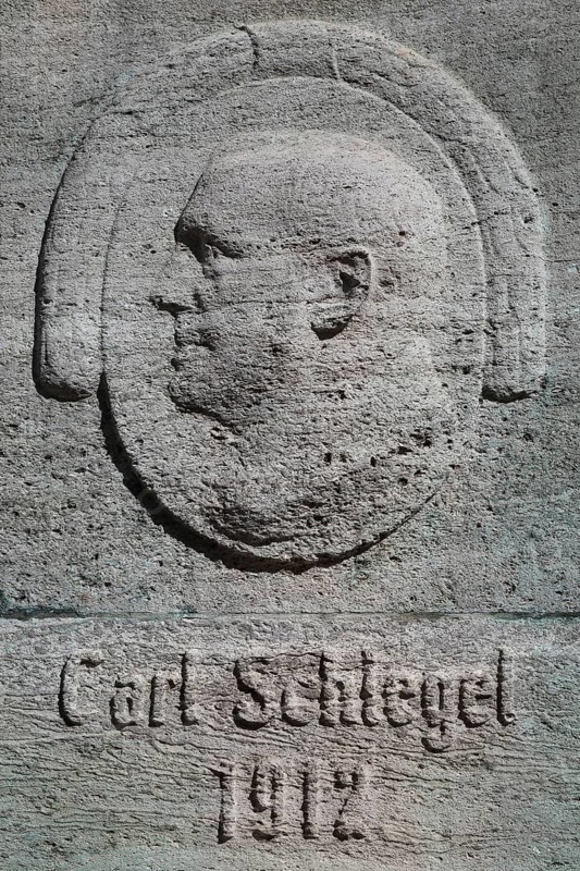 Relief by Carl Schlegel with the date 1912, grey head, Döbeln, Saxony, Germany