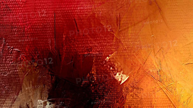 Professional abstract oil painting fragment featuring intense scarlet and crimson hues mixed with golden yellow accents, showcasing deep tactile ridges and raw expressionist texture on a coarse canvas