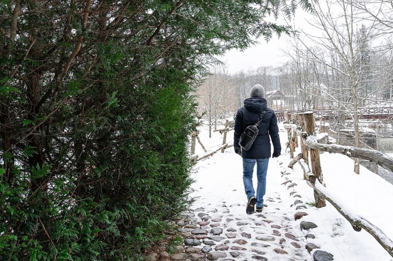 A man walks on snow-covered paving stones in the countryside, A person walks alone on a snowy cobblestone path surrounded by trees and a wooden fence, Belmontas park, Vilnius, Lithuania