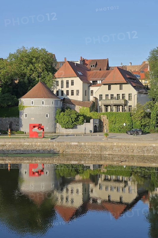 Ox Bastion, former city fortification, red sculpture City-space sculpture by Bodo Rau 2005, modern art, abstract art, bastion, mirror in the Lusatian Neisse river, Uferstraße, Görlitz, Upper Lusatia, Lusatia, Saxony, Germany