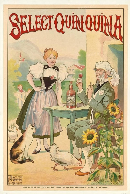 Advertising poster, beverage advertisement, poster promoting Select Quinquina, an alcoholic beverage. It shows an outdoor scene with a woman, a man, a cat and sunflowers, 1905, authentic reproduction of a historical advertising poster, advertising sign, in high resolution, historical
