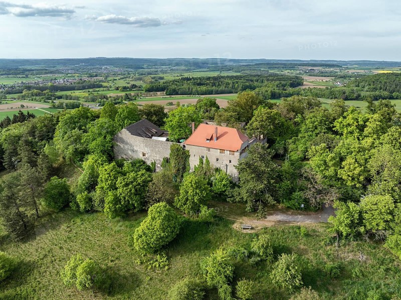 Aerial view of Friedingen Castle, Friedinger Schlössle, or Hohenfriedingen in Hegau, Konstanz district, Baden-Württemberg, Germany