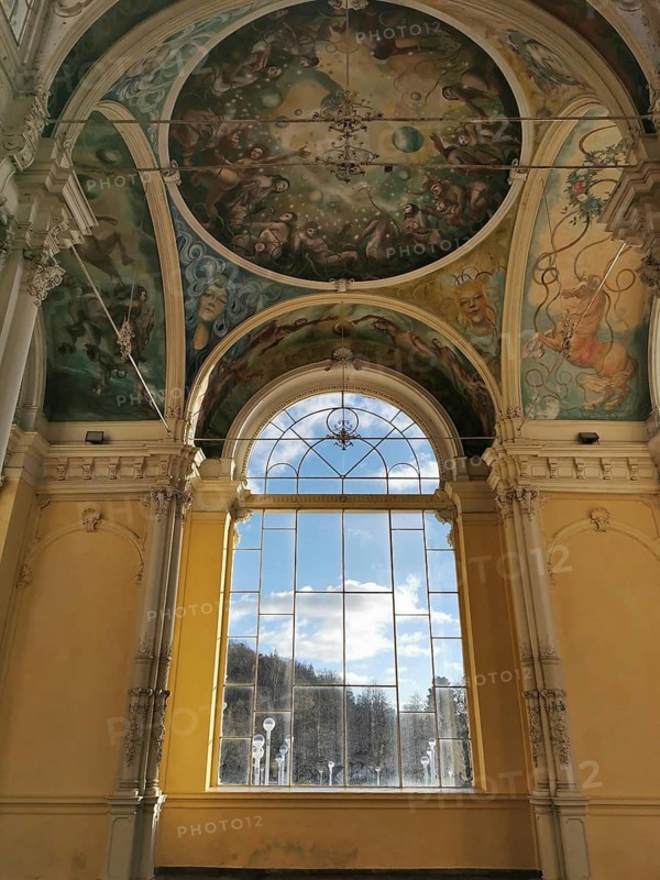Window section with sky view and artistically designed ceiling frescoes, Marianske Lazne, Maxim Gorky Kollonade, Marianske Lazne main colonade, Marienbad, Czech Republic