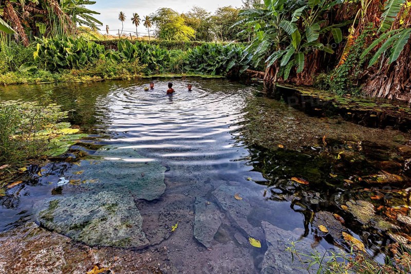 A natural lake with floating people, surrounded by lush vegetation, water surface with waves, The Gruta do Sumidouro in Campo Formoso in the state of Bahia Brazil