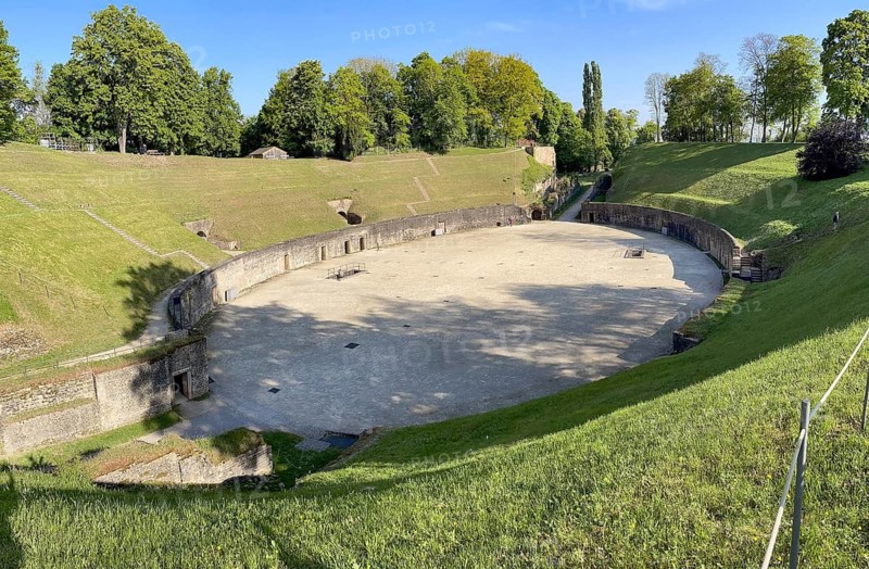 View of historic Roman amphitheatre ancient Roman arena built at the end of 2nd second century AD with space for 18, 000 spectators in Trier Roman imperial city Treverorum Augusta, Roman architectural monument, UNESCO World Heritage Site, Trier, Rhineland-Palatinate, Germany