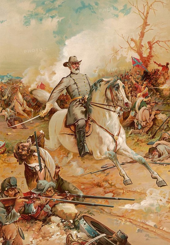 Robert Edward Lee (born 19 January 1807, died 12 October 1870) was a colonel in the US Army until 1861 and subsequently, during the American Civil War (1861–1865), the most successful general of the Confederate States. On his horse Traveller during the American Civil War, American history, authentic, digitally restored high-resolution reproduction from a 19th-century original, exact date of the depiction unknown, historical