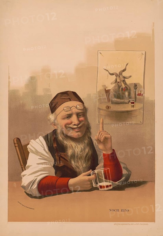 Advertising poster, beverage advertisement, lithograph with the title One More from 1887 shows a bearded man placing another order for a drink. The picture was published by Wilson, Wagner & Co. from Chicago and is a well-known example of advertising illustrations from the 19th century. In the background hangs a framed picture showing a goat also having a drink, authentic reproduction of a historical advertising poster, advertising sign, in high resolution, historical