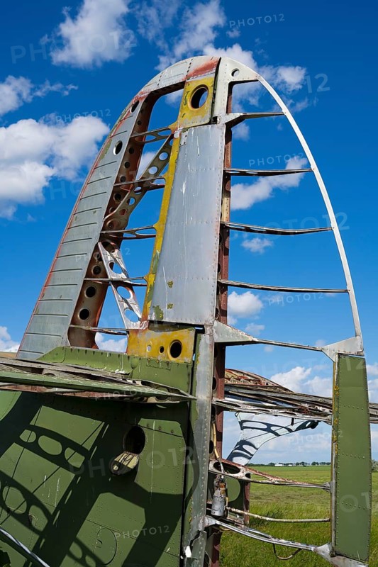 Close-up of aircraft wreck with metal structure and blue sky in the background, Antonov An-2 multi-purpose aircraft, biplane, abandoned airport, Ceadir-Lunga, Ceadîr-Lunga, Chadyr-Lunga, Taraclia district, Gagauzia autonomous region, Republic of Moldova, Moldova