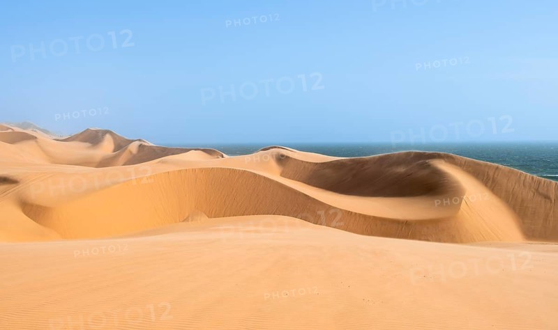 Sand dunes and sea, dune sea, impressive desert landscape, Sandwich Harbour, Namib Naukluft Park, Namibia