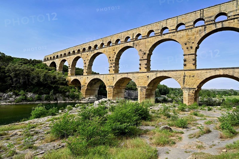 Roman aqueduct of the Pont du Gard, on the Gardon river, UNESCO World Heritage Site, Languedoc-Roussillon, France