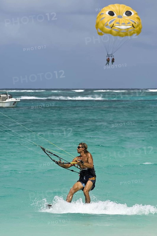 Kite boarding or kitesurfing on Orient Beach St. Martin/Maarten