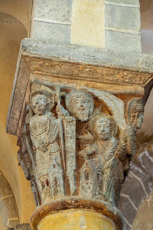 Capital of romanesque church of Saint Nectaire, Transfiguration of Jesus, Puy de Dome, Auvergne Rhone Alpes, France