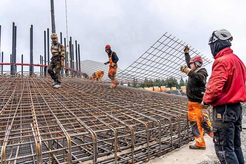 Assembly of reinforcing steel for the reinforced concrete foundation of a wind turbine, a mesh of rebar and rebar mesh, over 100 tons of reinforcing steel were used, the wind turbine will have a hub height of 160 meters, part of a new wind farm in Sauerland, near Balve, North Rhine-Westphalia, Germany