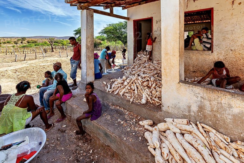 People sit and stand in front of a house surrounded by cassava roots, a cassava mill in the Caatinga of Bahia and Pernambuco in Brazil