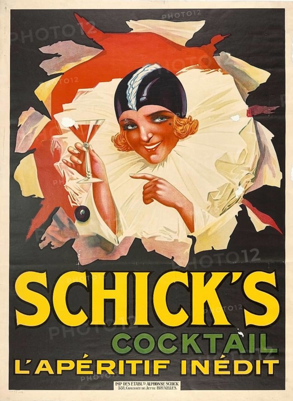 Advertising poster, drinks advertisement, Art Deco-style poster for Schick's Cocktail L'Apéritif Inédit. It dates from the mid-1920s (circa 1925) and was originally designed in Brussels, Belgium, by an anonymous artist for the Schick distillery. An elegantly dressed lady in a Pierrot or Harlequin costume looks out smiling through a torn paper background design. In her hand, she holds a Martini-style glass filled with a cocktail, an authentic reproduction of a historical advertising poster or sign, in high resolution, historical