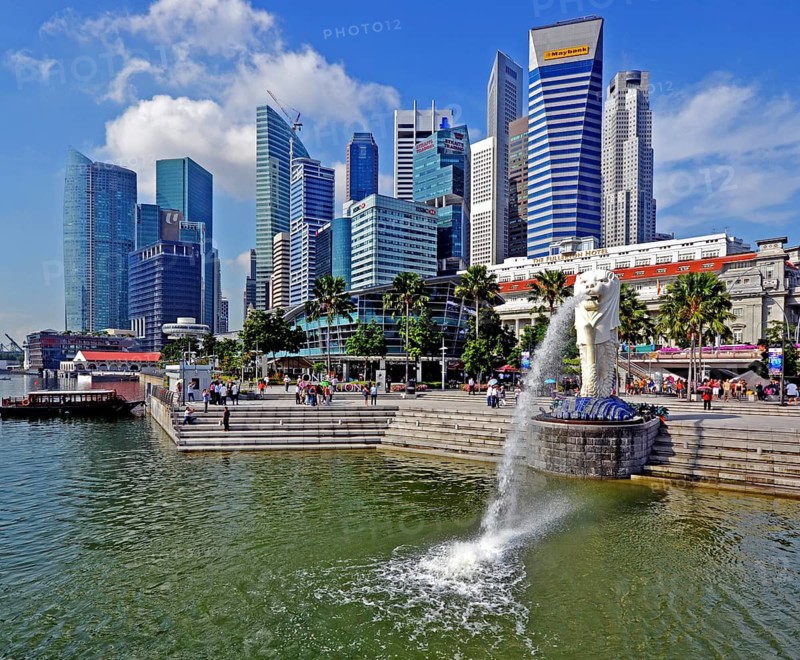 View of Singapore skyline, white lions
