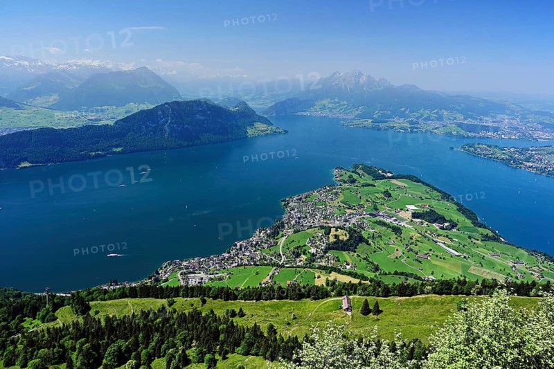 View of the village of Weggis from the Rigi Känzeli observation deck, Lake Lucerne, Bürgenstock and Mount Pilatus, Rigi Kaltbad, Canton of Lucerne, Switzerland